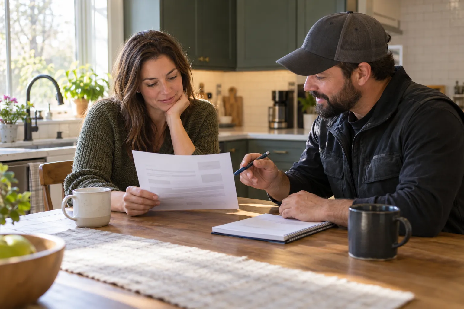 A homeowner reviewing a written roof quote at the kitchen table in the Shelton area