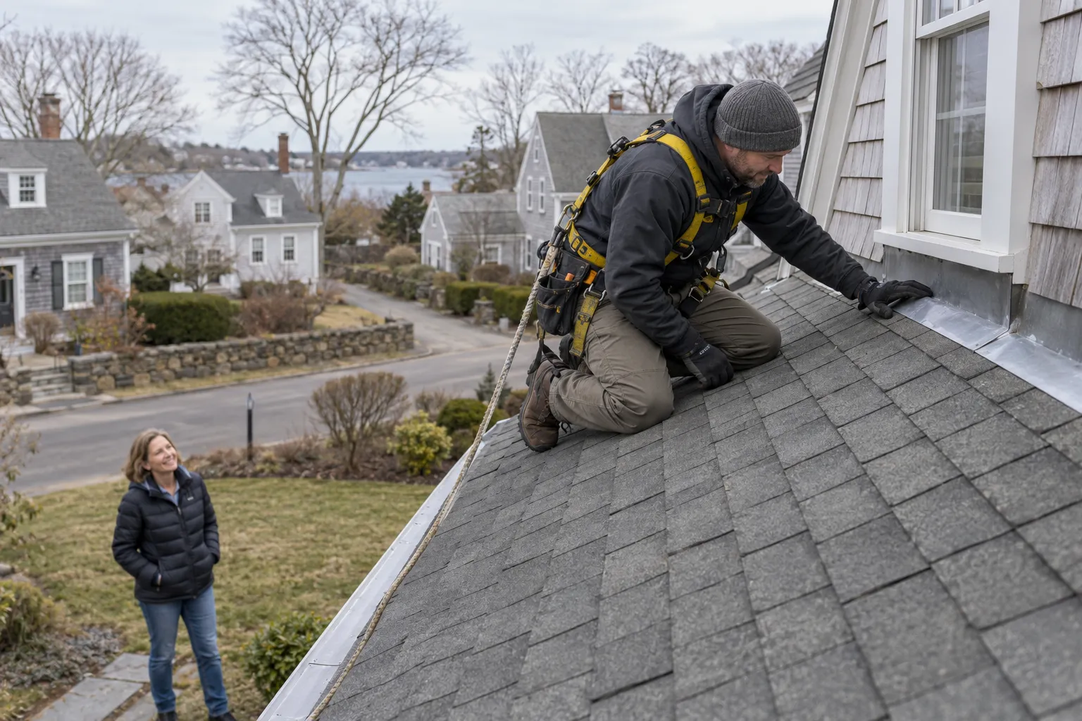 Roofing provider checking shingles on a pitched home roof in Shelton while a homeowner looks on from the yard