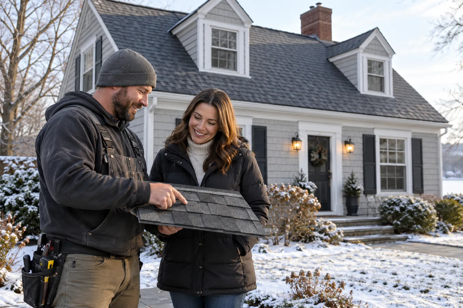 A roofing provider and a homeowner reviewing a new shingle roof on a Shelton home
